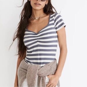 NWT Madewell Blue and White Striped Ribbed Short-Sleeve Tee